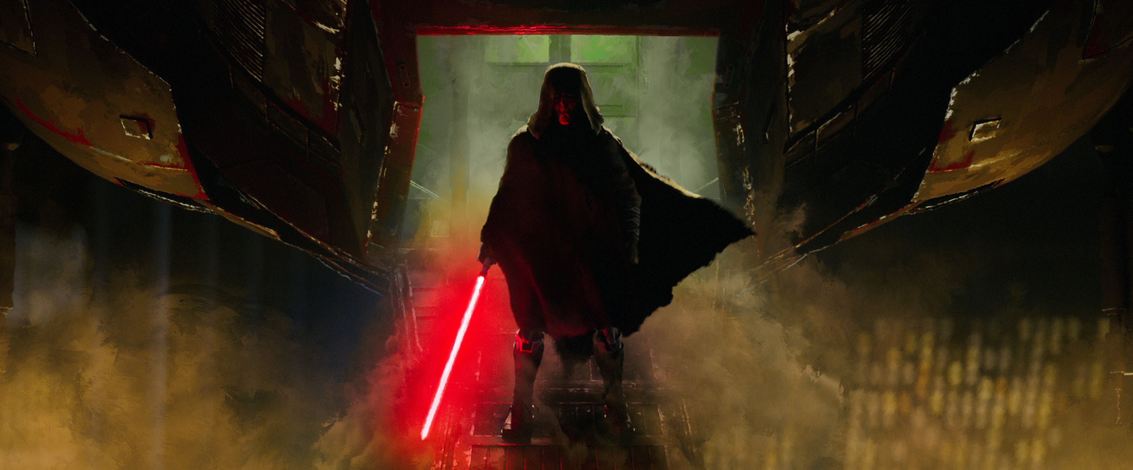 Darth Maul avança segurando um sabre de luz vermelho em cena de Star Wars Maul Lorde das Sombras